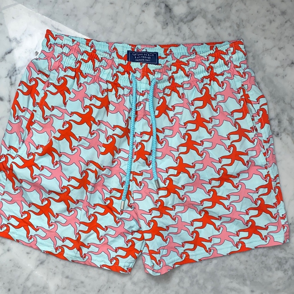 Vilebrequin Light Blue Swim Trunks with Pink & Orange Starfish Print